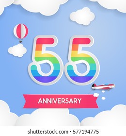 55 Anniversary Celebration Logo with Rainbow Colored and using Paper Art Design Style