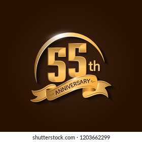 55 Anniversary design logotype. Anniversary logo design with swoosh and elegance golden ribbon. Vector template for use celebration, invitation card, and greeting card