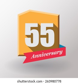 55 Anniversary   label with ribbon. Flat design.