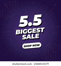 5.5 Biggest Sale 3D Vector Illustration Banner Design With Effects on Purple Background. Social Media Post Template in Gradient Purple Theme. May Special Sale Offer, Campaign or Promotion Banner.