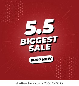 5.5 Biggest Sale 3D Vector Illustration Banner on Red Abstract Background. Social Media Post Template in Gradient Red Theme. May Biggest Sale Offer, Campaign, or Promotion Banner.