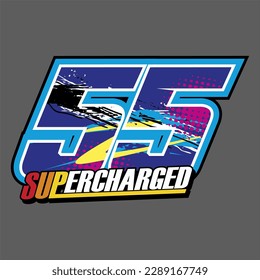 55. blue color racing number, sport racing number with yellow white abstract style and red haltone vector illustration .isolated gray background