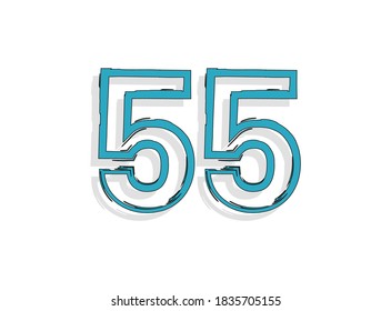 55 número azul, trazo del pincel dibujado a mano. Diseño de estilo cómico. Para elementos de diseño, logotipo, póster creativo, etc. Ilustración vectorial 