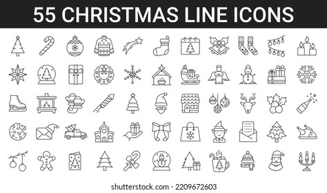 55 christmas line icon collection. Holiday symbol. Outline Xmas icons set. Editable stroke