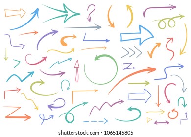 55 Colored hand drawn arrows on white background, doodle arrows, vector eps10 illustration