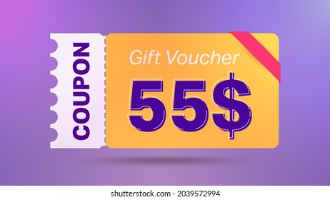 55$ coupon promotion sale for website, internet ads, social media. Big sale and super sale coupon code $55 discount gift voucher with coupon vector illustration summer offer ends weekend holiday