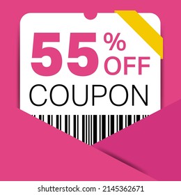 55% Coupon promotion sale for a website, internet ads, social media gift 55% off discount voucher. Big sale and super sale coupon discount. Price Tag Mega Coupon discount with vector illustration.