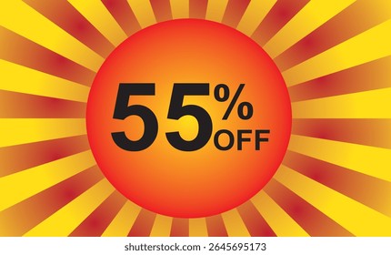 55% de desconto. Desconto no seu preço. Número na cor preta e fundo composto por um elemento gráfico representando um sol com raios em vermelho e amarelo.eps