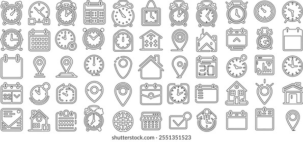 Se presentan 55 tipos diferentes de íconos que se utilizan principalmente para cualquier trabajo, diseño de Vectores de arte de línea de íconos.