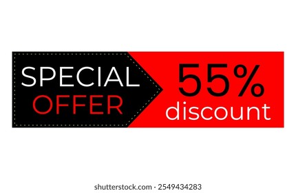 55% discount banner. Black and red banner. Offer tag. Shop promotions, commerce sales. Vector design. Fifty five percent off.