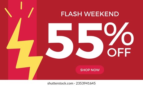 55 % discount coupon. Flash weekend. Fifty five percent. Lightning. Promotion illustration. Red background.