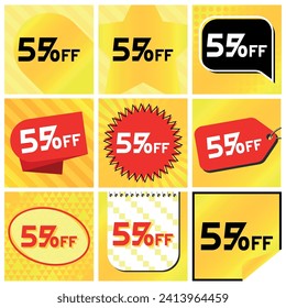 Juego de etiquetas de descuento del 55%, 9 variaciones - Estrella de bolas en franjas, Burbuja de voz, Cupón, Estampilla de estreno, Etiqueta de precio, Oval, Calendario, Pegatina. Fondo naranja amarillo