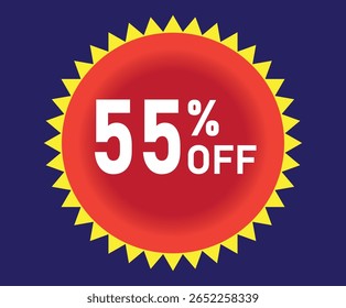 55% de desconto. Desconto em suas vendas. Porcentagem em branco dentro de um círculo vermelho com elementos gráficos amarelos ao redor. Fundo azul