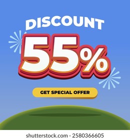 55% Discount Promotional Banner with 3D Text, Fireworks, Blue Gradient Background, and a Special Offer Button on a Green Hill with Eye catching Sale Advertisement Design