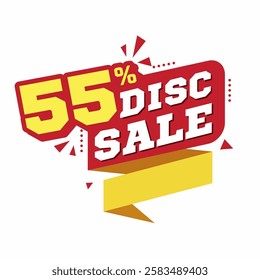 55% Discount Sale Banner with Bold 3D Text, Red and Yellow Color Scheme, and Modern Promotional Design for Special Offers and Discounts