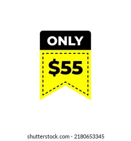$55 Dollar Einmaliges Coupon-Zeichen oder Etikett oder Rabattgutschein Money Sparen Etikett, Aufkleber-Vektorgrafik mit fantastischer Schriftart auf gelbem Hintergrund