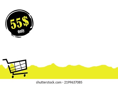 Cartel de cupón de 55$ Dólares o etiqueta de cupón de etiqueta o descuento, sello Vector Ilustración en el espacio de copia adecuado para colocar el producto de catálogo con fondo blanco y tiene vectores de carro de compra