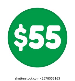 55 dollar price symbol. 55$ fifty five number with dollar sign green color round shape icon illustration. Vector label with text 55 dollar.