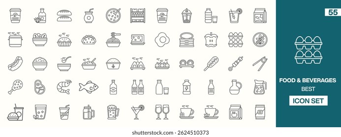 55 Editable Food And Beverage Line Icons: Creative Collection Featuring Drinks, Fast Food, Desserts, Kitchen Equipment, and More for Menus, Digital Designs, and Culinary Projects