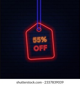 55%. fifty-five percent off. vivid neon colors. label template design. neon style. special offer flash sales promotion. bricks background. blue, orange and red. vector illustration.