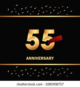 55 gold anniversary celebration design with red ribbon and glitter element, isolated on black background