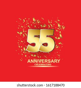 55 golden numbers and Anniversary Celebrating text with golden serpentine and confetti on red background. Vector twentieth anniversary celebration event square template