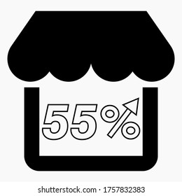 55% increase in store sales. Store building and percentage increase on a white background. Sales growth in the supermarket. Vector icon