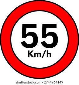 55 km h Speed Limit Road Sign, Red Circle Traffic Symbol Vector