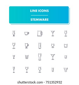 55. Line icons set. Stemware pack. Vector illustration with glass symbols for cafe and restaurant