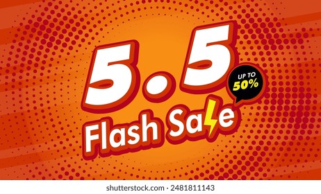 5.5 Mayo flash Plantilla de venta para la campaña de publicidad de compras. Póster naranja con Elementos de truenos. Anuncios de Web, redes sociales, compras en línea