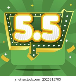 5.5 Mega Sale banner featuring bold numbers in a neon sign style, dotted arrows, vibrant green background, and confetti. Highlighting big discounts and exciting offers!