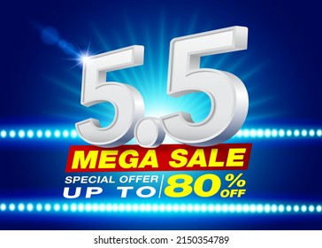 5.5 Mega Sale Banner or Poster template with Number 5.5 3D text on LED Spotlight Dark Blue background. Campaign Special Offer Up To 80%. Design for Ads, social media, Shopping online.