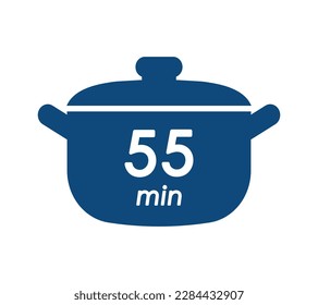 55 min cooking time blue label, cooking pot symbol with fifty five minute mark, boiling time vector illustration