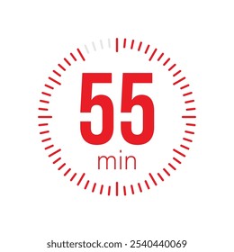 55 minutos Timer, relógio, cronômetro ícones isolados. Símbolo de timer de contagem regressiva. Hora de cozimento do rótulo. Temporizador de minutos, Medida de tempo, Cronômetro, Alarme, Temporizador de cozinha, rótulo, adesivo, selo. Ilustração vetorial