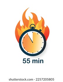 55 minutes clock on fire icon. Interface for programs and applications. Special and limited offer. Modern methods of marketing and promotion of goods on Internet. Cartoon flat vector illustration