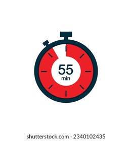 55 minutes, 55 min stopwatch vector icon. Stopwatch icon in flat style on a white background. Vector.