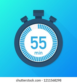 The 55 minutes, stopwatch vector icon. Stopwatch icon in flat style, 55 minutes timer on on color background.  Vector stock illustration.