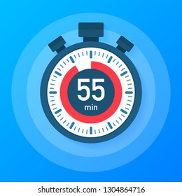 The 55 minutes, stopwatch vector icon. Stopwatch icon in flat style, 55 minutes timer on on color background.  Vector stock illustration.