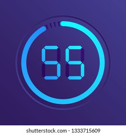 The 55 minutes, stopwatch vector icon, digital timer. Vector digital count down circle board with circle time pie diagram. Watch outline style design, designed for web and app.