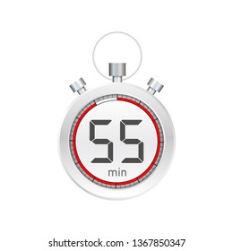 The 55 minutes, stopwatch vector icon. Stopwatch icon in flat style, 55 minutes timer on on color background.  Vector stock illustration.
