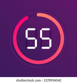 The 55 minutes, stopwatch vector icon, digital timer. Vector digital count down circle board with circle time pie diagram. Watch outline style design, designed for web and app.