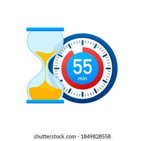 The 55 minutes, stopwatch vector icon. Stopwatch icon in flat style, timer on on color background. Vector illustration.