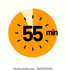 55 Minutes Timer Icon, Modern Sans Serif Design. Clock, Stopwatch,  Showing Fifty-Five Minutes Label Over Circle, Isolated Vector eps.
