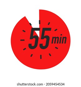 55 minutes timer symbol red color style isolated on white background. Clock, stopwatch, cooking time label, sport icon. Vector 10 eps