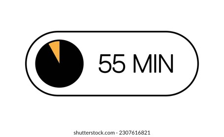 55 Minutes Timer UI UX Design Icon, Modern Minimal Look. Clock, Stop Watch Button, Showing Fifty Five Minutes State. Countdown, Cooking, Remaining Amount Indication. Isolated Vector