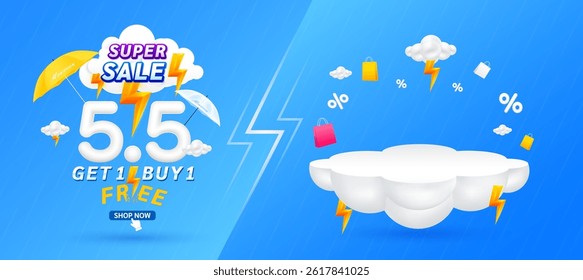 5.5 Monsoon super sale. Get 1 Buy 1 Free. Shopping under umbrella in rain with special offer sale campaign promotion. For ads with blank product podium scene yellow thunder on clouds. 3D Vector.