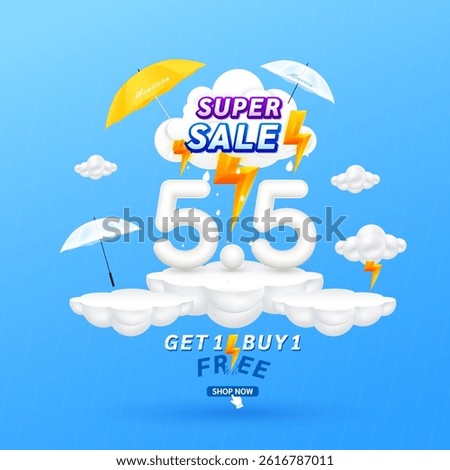 5.5 Monsoon super sale. Get 1 Buy 1 Free. Shopping under umbrella in rain with special offer sale campaign promotion. For ads with blank product podium scene yellow thunder on clouds. 3D Vector.