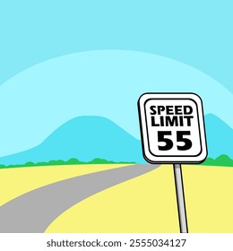 55 mph Speed ​​Limit Day to celebrate on January 2nd. A speed instruction sign with a road and mountains in the background.