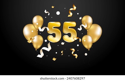 55 is the number of golden digits. Black background with balloons and streamers.