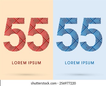 55 ,Number ,Luxury font, designed using red and blue line square geometric shape, hot and cool tone, logo, symbol, icon, graphic, vector.